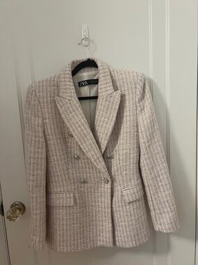 Zara Light Pink Tweed Double-Breasted Blazer